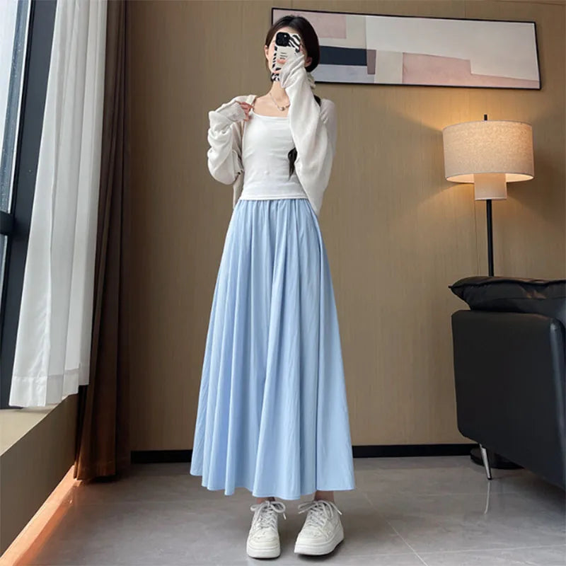 Long Skirt for Women 2026 Summer Casual Elastic High Waist A-line Skirts Female Solid Color Versatile Loose Pockets Midi Skirts