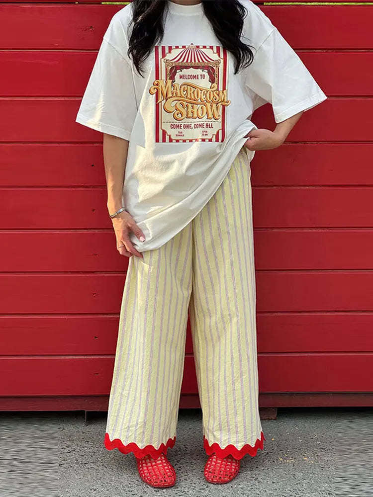 Casual Wavy Hem Women's Pant Striped Elastic Waist Big Pocket Wide Leg Pants 2026 Summer Autumn Fashion Female Trousers Bottoms