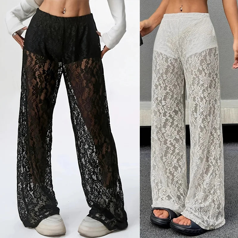 Pantalones De Mujer 2025 New Fashionable Personalized Solid Color Lace Jacquard Micro Transparent Straight Leg Casual Pants