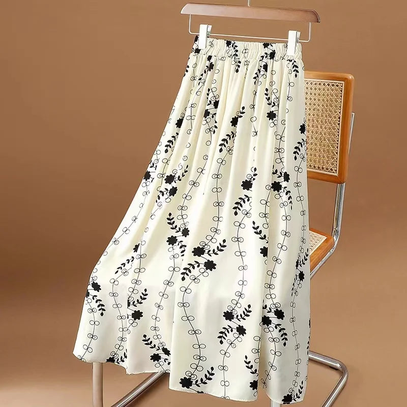 Srping Summer Skirt Womens Chiffon Skirts Vintage Fashion Floral Printed Elastic High Waist Casual Midi A-Line Beach Skirts