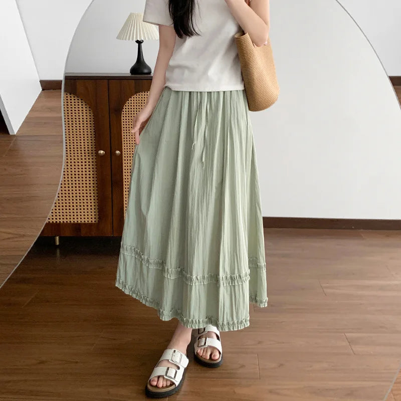 Women's Casual Solid Color Ruffles Maxi Skirt Elastic Waist A Line Light Yellow Long Skirt Spring Summer Beach Vacation Skirts