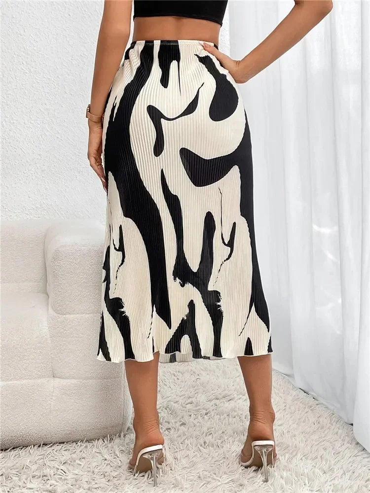 Elegant Graphic Print Pleated Mermaid Skirts for Women Autumn Casual Elastic High Waist Geometry Midi Long Skirt Streetwear