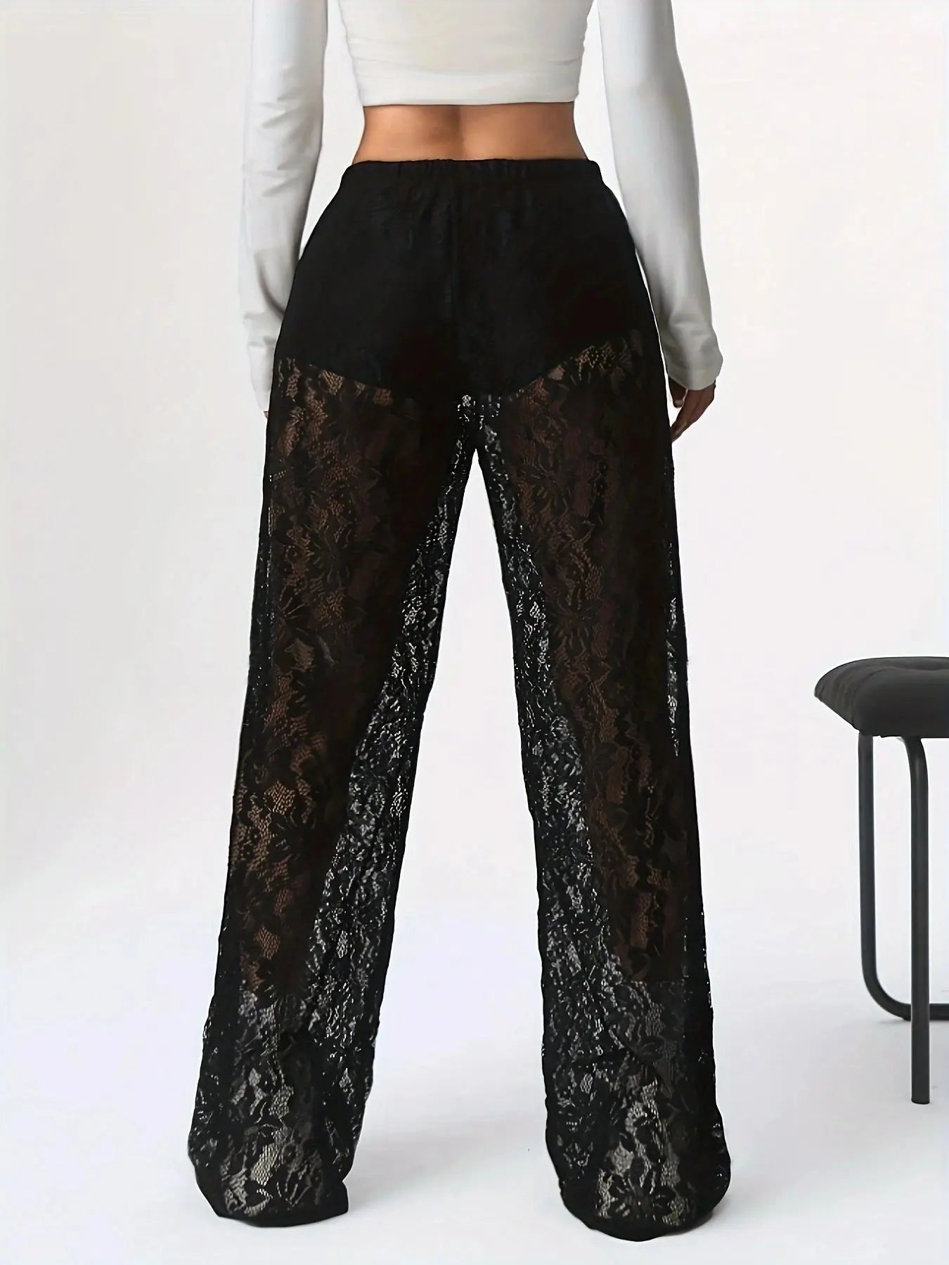 Pantalones De Mujer 2025 New Fashionable Personalized Solid Color Lace Jacquard Micro Transparent Straight Leg Casual Pants