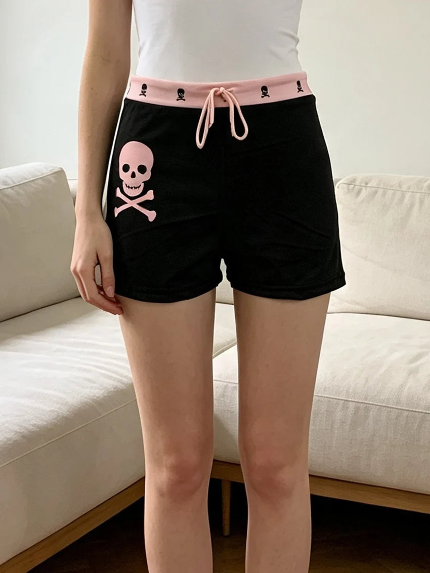 Women Harajuku Skull Pattern Shorts Pink Contrast Waist Drawstring Elastic Short Pants Y2K E-girl Gothic Daily Streetwear Bottom