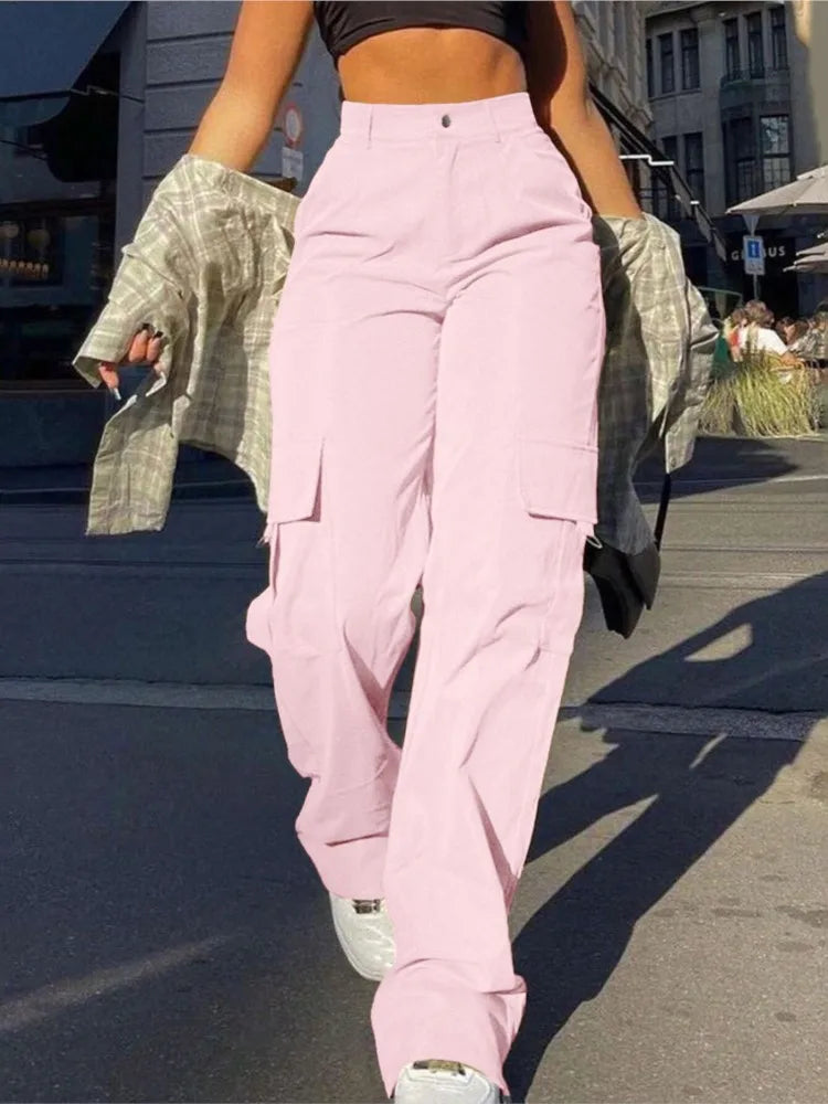 Women's Loose Cargo Pants High Waist Wide Leg Solid Color Full Length Trousers With Pockets Casual All Seasons Long Pantalones