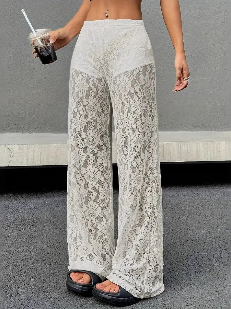 Pantalones De Mujer 2025 New Fashionable Personalized Solid Color Lace Jacquard Micro Transparent Straight Leg Casual Pants