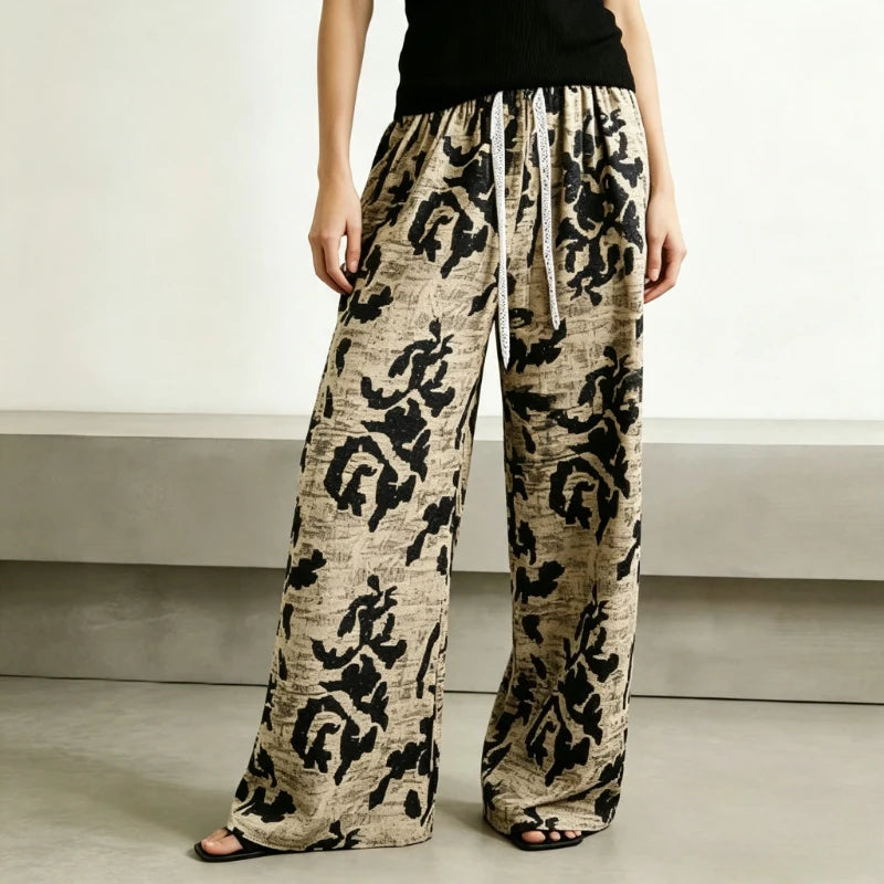 Women Thin Retro Chinese‑style Printed High‑waist Straight Pants, Slim‑fit Wide‑leg Casual Trousers