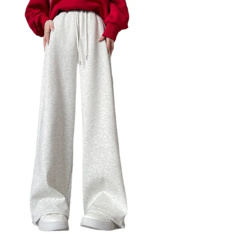Retro Fashion Loose Straight Leg Casual Pants Harajuku Street Wear Women Baggy Pants High-Waisted Drawstring Solid Sports Pants