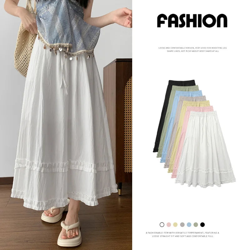 Women's Casual Solid Color Ruffles Maxi Skirt Elastic Waist A Line Light Yellow Long Skirt Spring Summer Beach Vacation Skirts