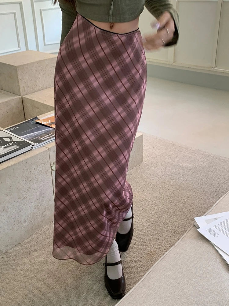 European American Style Vintage Plaid Mesh High Waist Women Bodycon Skirt 2026 Spring Autumn New Fashion Versatile Skirts