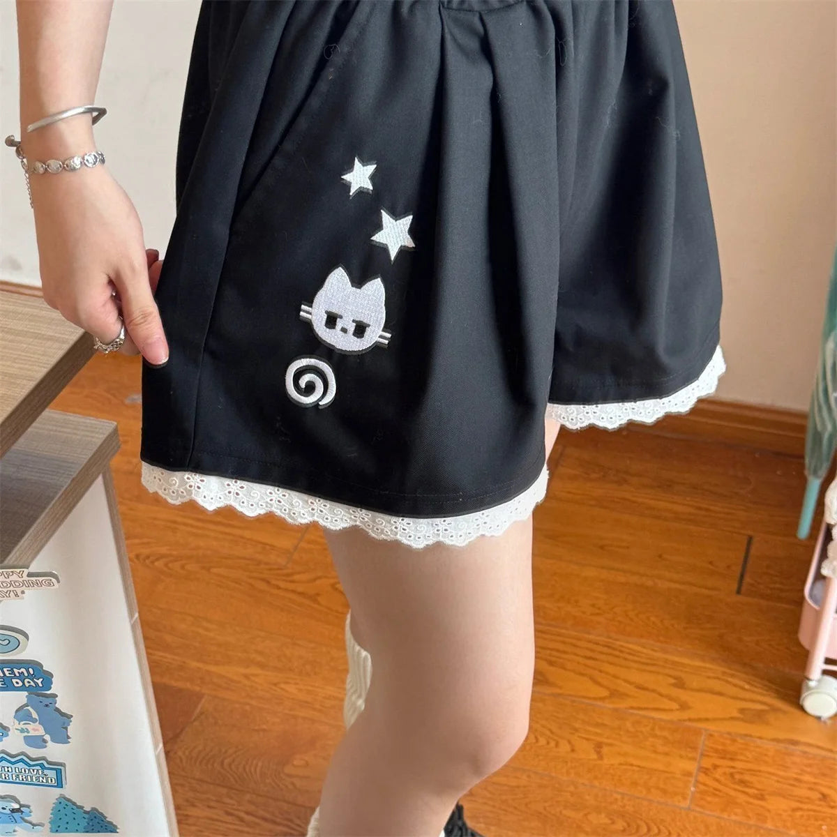 Fashion Lace Patchwork Summer Shorts Women 2025 Chic High Waist Wide Leg Sport Shorts Woman Pocket A Line Short Pants Female