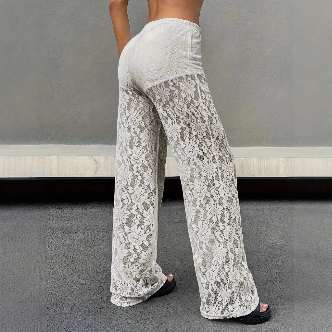 Pantalones De Mujer 2025 New Fashionable Personalized Solid Color Lace Jacquard Micro Transparent Straight Leg Casual Pants