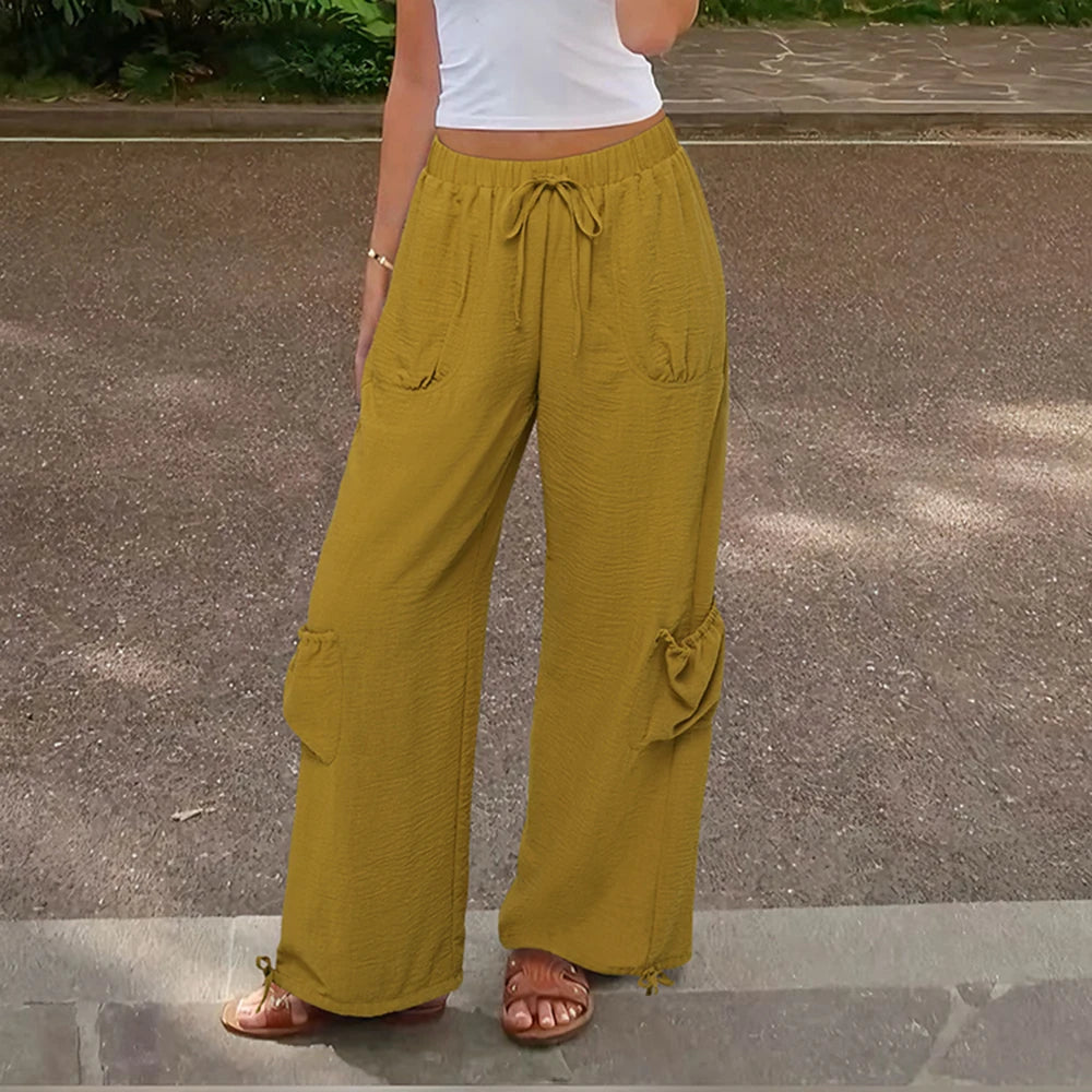 Women Linen Boho Balloon Pants Drawstring Summer Cargo Pants Beach Travel Lounge Pants with Pockets Trousers Mujer
