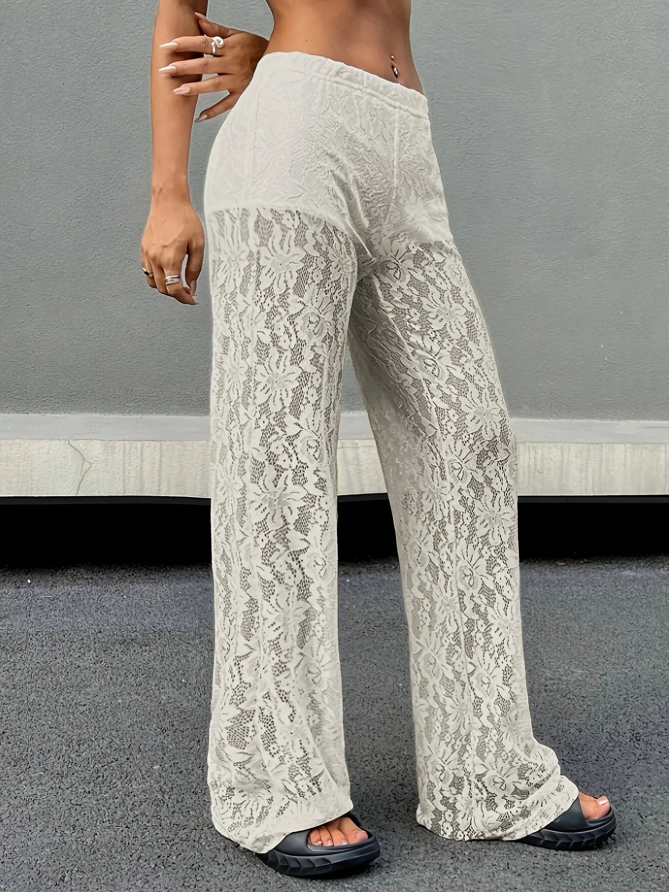 Pantalones De Mujer 2025 New Fashionable Personalized Solid Color Lace Jacquard Micro Transparent Straight Leg Casual Pants