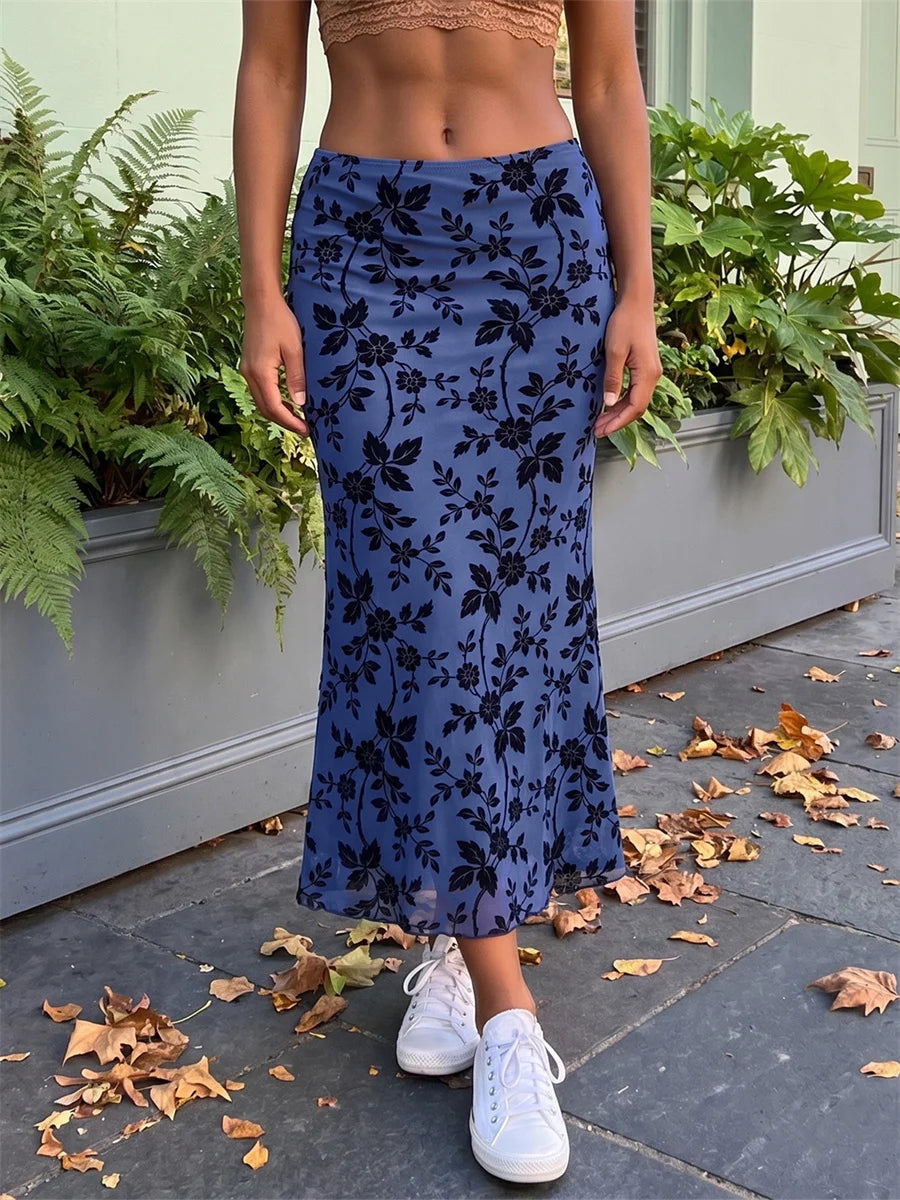 New Women's Floral Long Skirts High Waist Bodycon Mesh Fish Tail Skirt Summer Fall Bohemian Retro Party Going Out Skirts