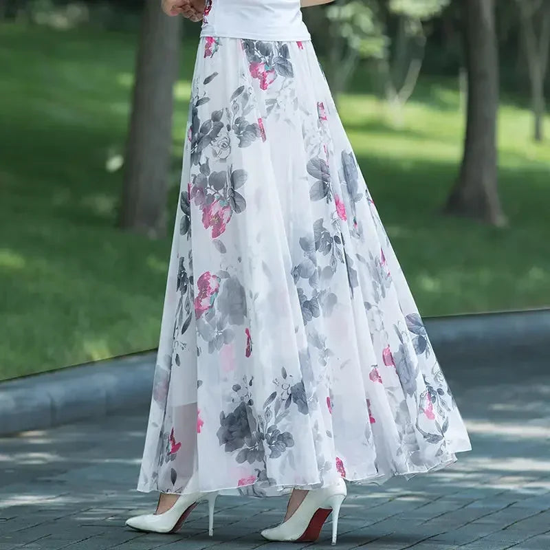 Chiffon Skirts Ink Painting Print Spring Summer Floral Long Skirt Elegant Chic A-Line Full Length Skirt Ankle Beach Skirts Zmzb