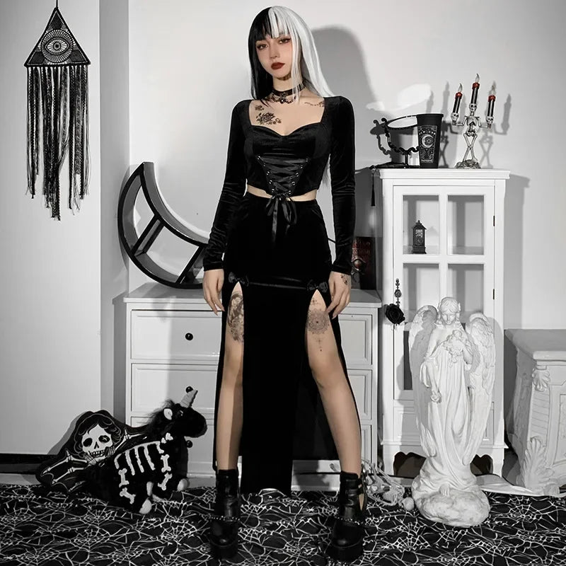 Punk Style Skirt Women's New Chic Halloween Festival Long Party Skirt High Waist Slim Bow Sexy Side Split Knee-Length Skirts