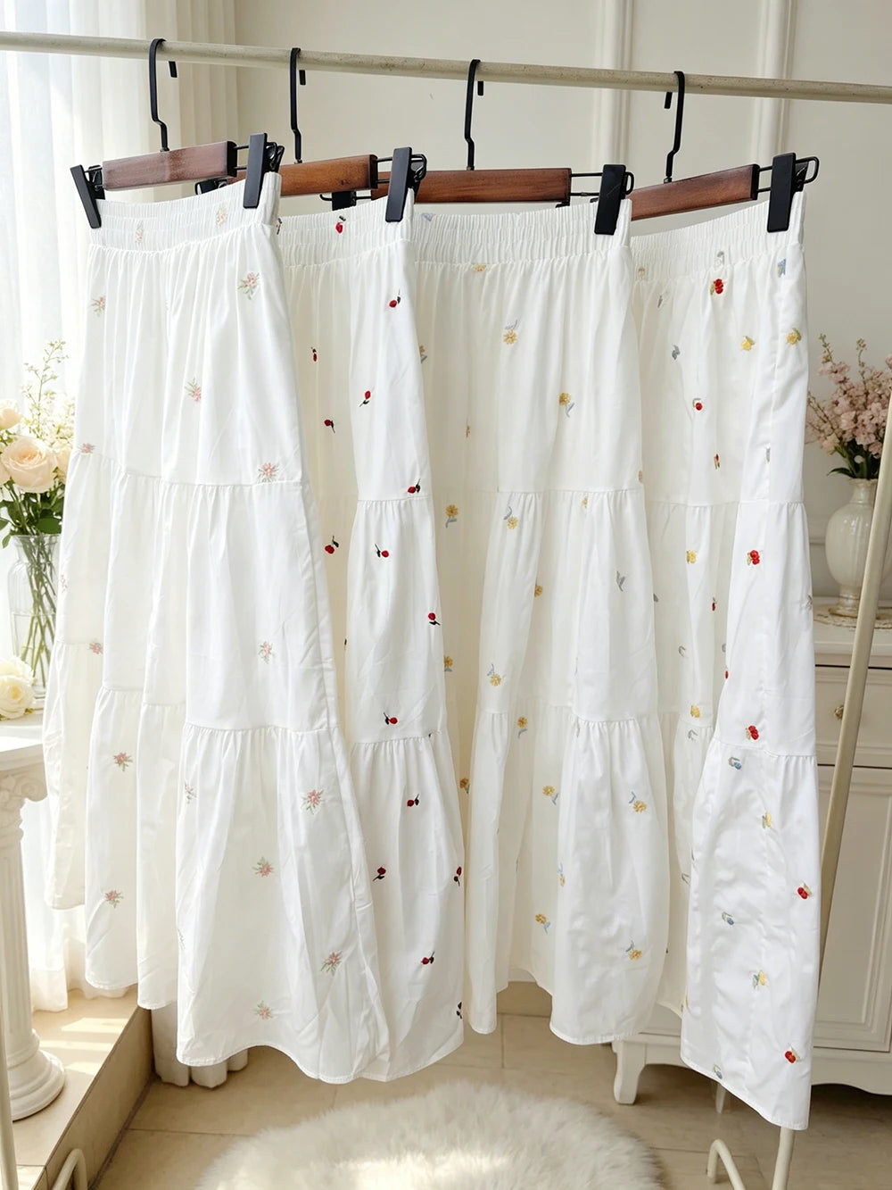 Sweet Embroidery Floral Long Skirts Women High Waist Loose Elegant Skirt Vintage Casual Preppy Style Female Cute A Line Skirt