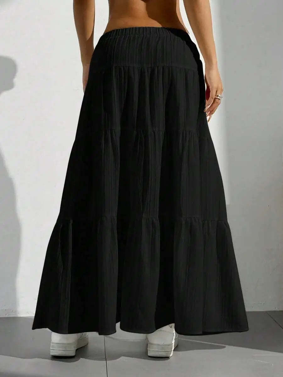 European and American Cross-Border New Style Wish Spring and Summer Women's Skirts, Tie-Strap Spliced Flared Skirts, Loose Long