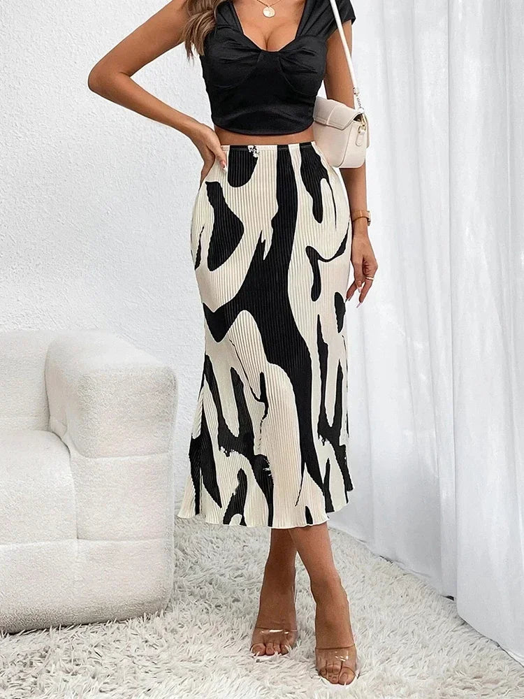 Elegant Graphic Print Pleated Mermaid Skirts for Women Autumn Casual Elastic High Waist Geometry Midi Long Skirt Streetwear