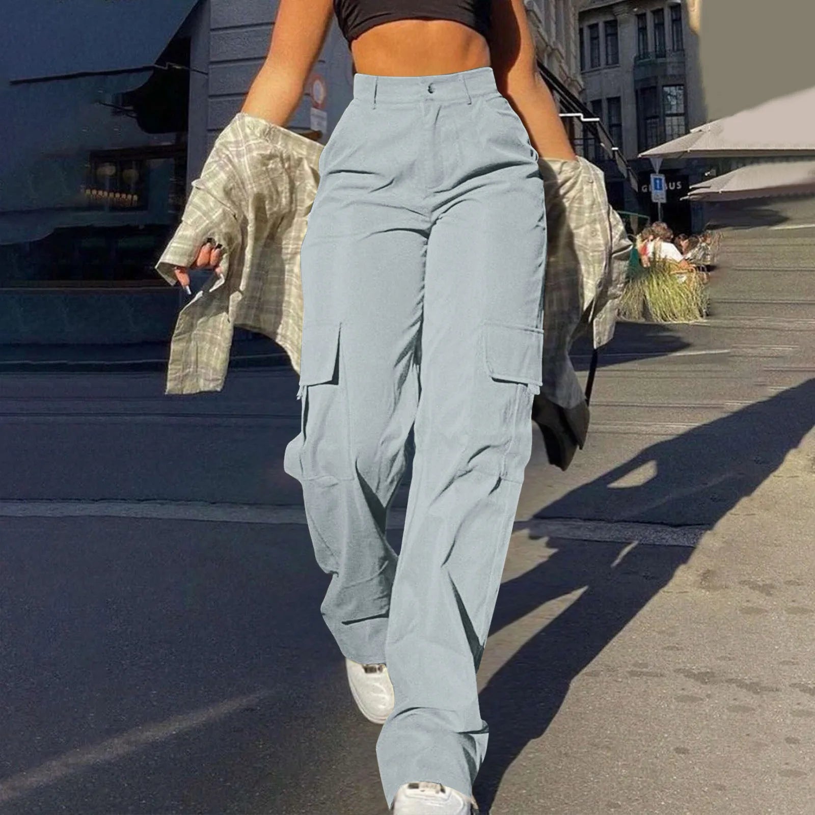 Women's Loose Cargo Pants High Waist Wide Leg Solid Color Full Length Trousers With Pockets Casual All Seasons Long Pantalones