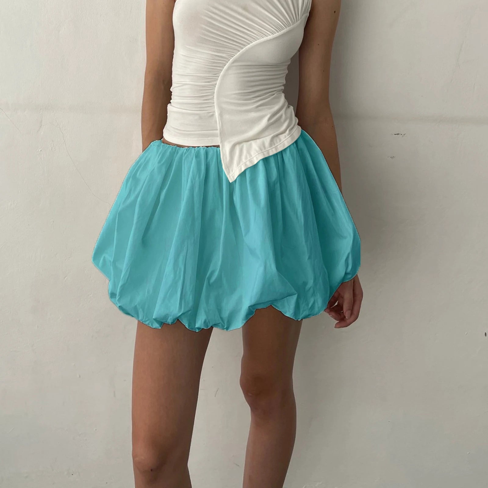Women Lantern Mini Skirts Summer Casual Loose Fitting Elastic Waist Solid Color Short Puffball Skirt Sweet Style Skirts Girls