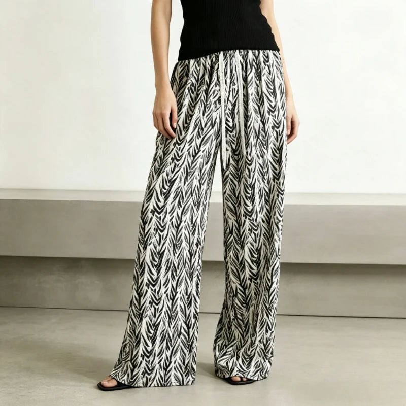 Women Thin Retro Chinese‑style Printed High‑waist Straight Pants, Slim‑fit Wide‑leg Casual Trousers