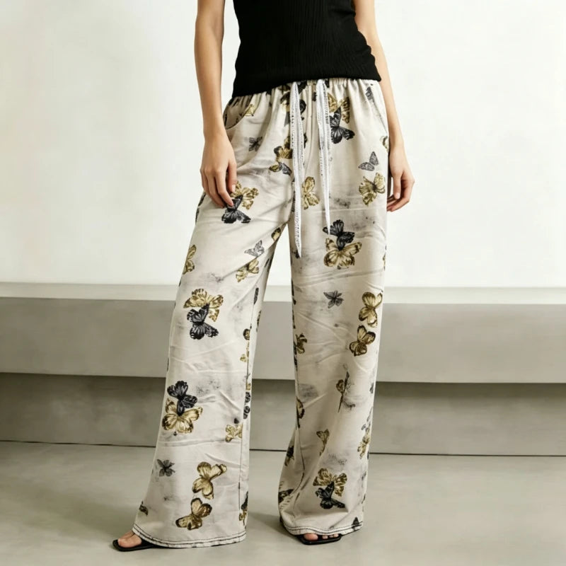 Women Thin Retro Chinese‑style Printed High‑waist Straight Pants, Slim‑fit Wide‑leg Casual Trousers