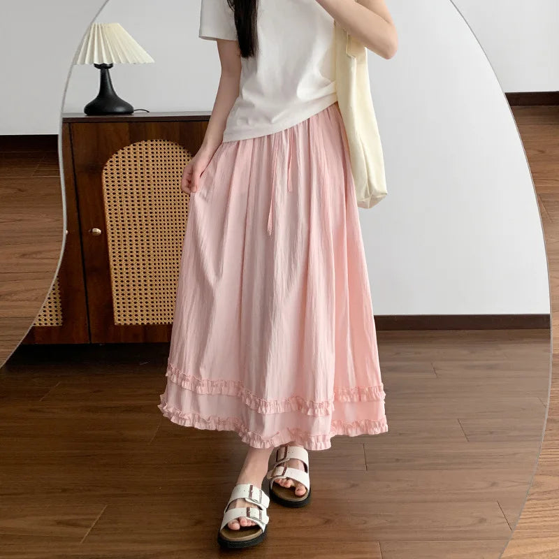 Women's Casual Solid Color Ruffles Maxi Skirt Elastic Waist A Line Light Yellow Long Skirt Spring Summer Beach Vacation Skirts