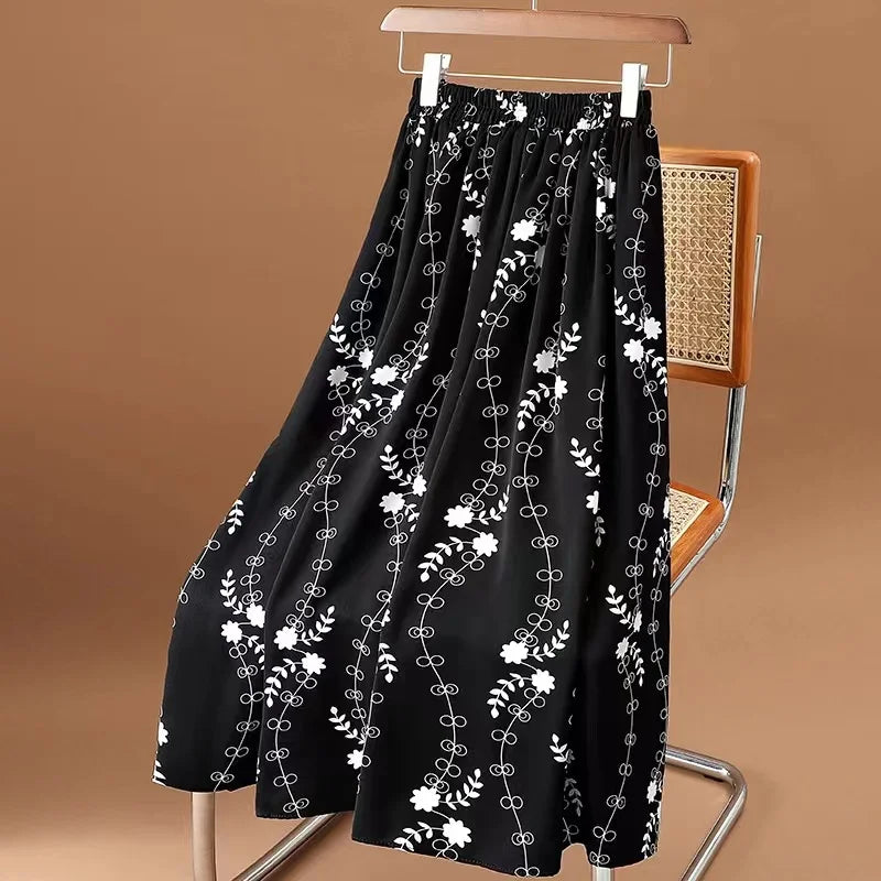 Srping Summer Skirt Womens Chiffon Skirts Vintage Fashion Floral Printed Elastic High Waist Casual Midi A-Line Beach Skirts