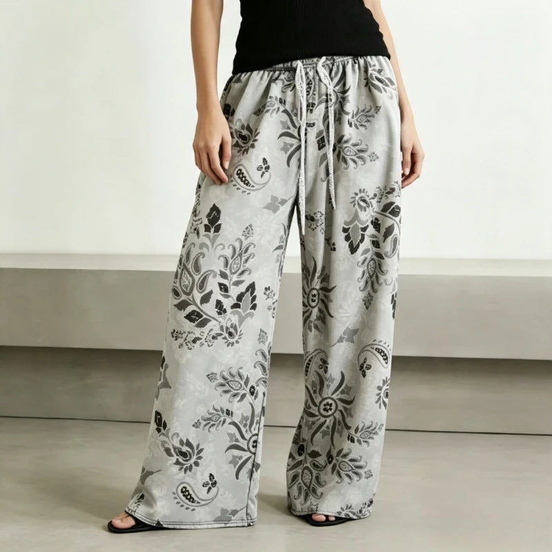 Women Thin Retro Chinese‑style Printed High‑waist Straight Pants, Slim‑fit Wide‑leg Casual Trousers