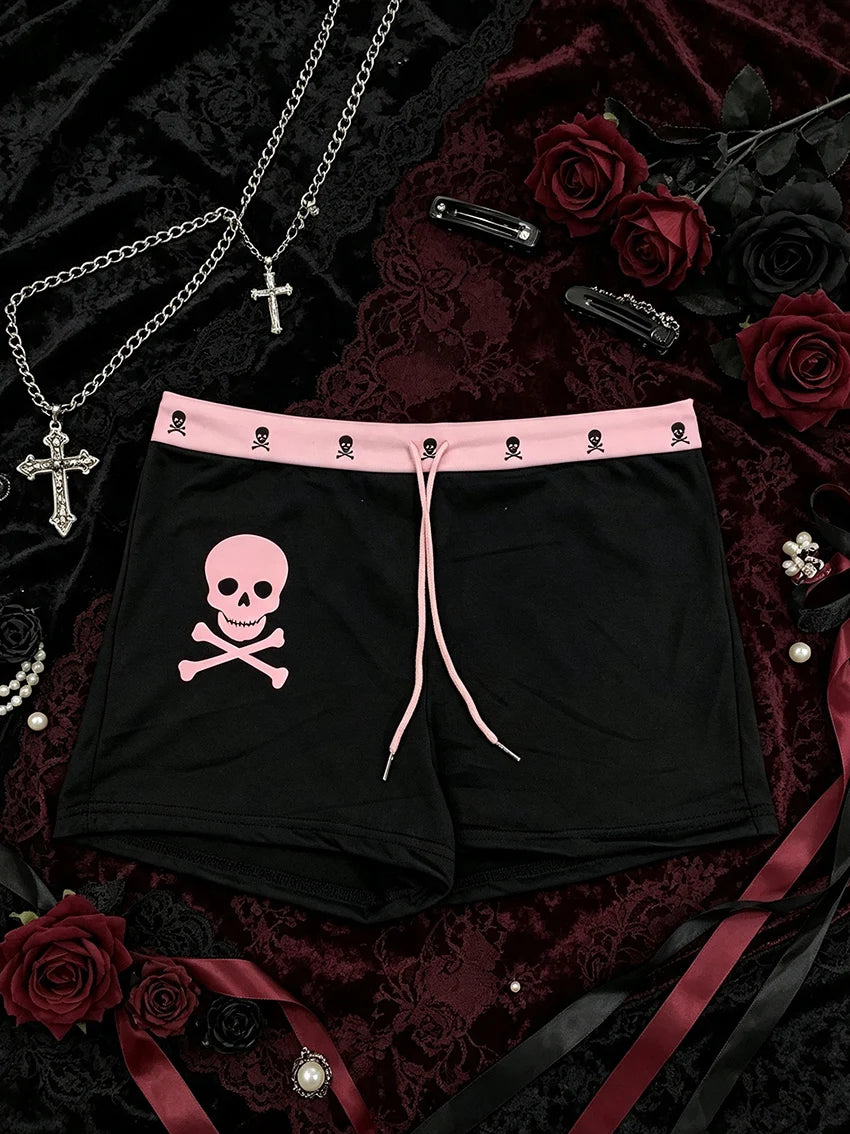 Women Harajuku Skull Pattern Shorts Pink Contrast Waist Drawstring Elastic Short Pants Y2K E-girl Gothic Daily Streetwear Bottom