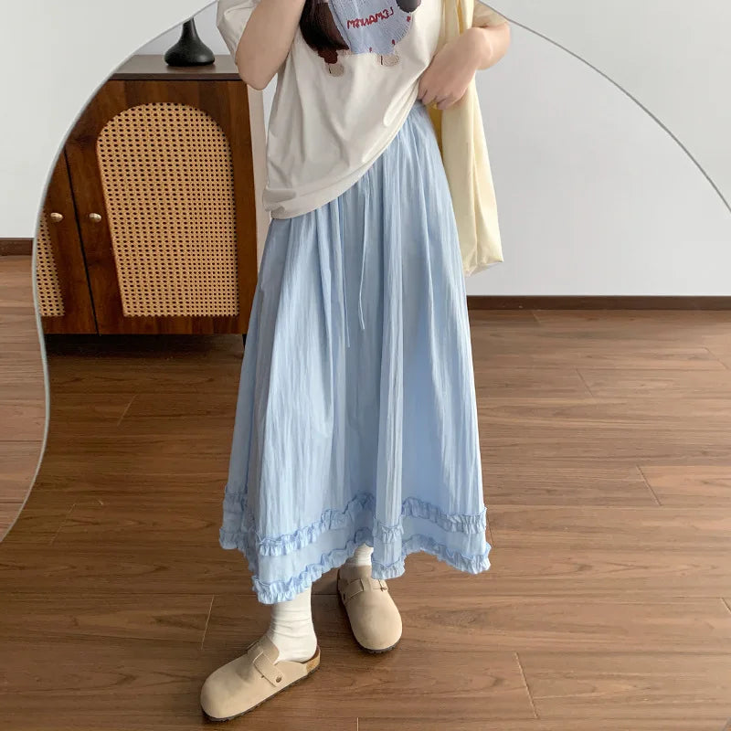 Women's Casual Solid Color Ruffles Maxi Skirt Elastic Waist A Line Light Yellow Long Skirt Spring Summer Beach Vacation Skirts