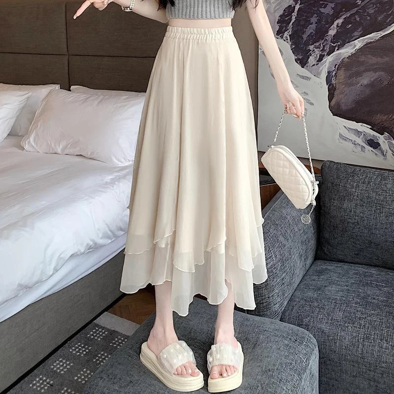 GIDYQ Summer Women Mesh Skirt Fashion Korean High Waist Loose Midi Skirt Y2K Elegant Female Casual All Match A Line Skirts New
