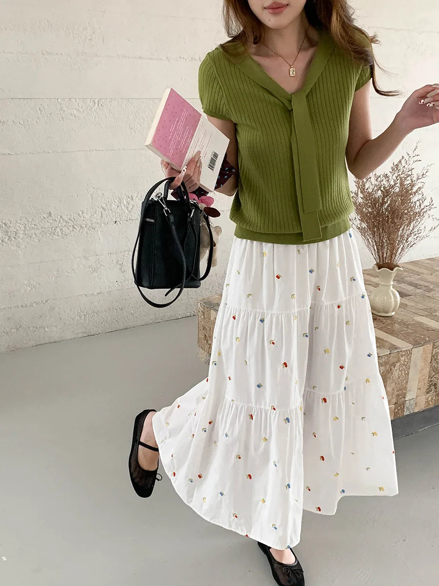 Sweet Embroidery Floral Long Skirts Women High Waist Loose Elegant Skirt Vintage Casual Preppy Style Female Cute A Line Skirt
