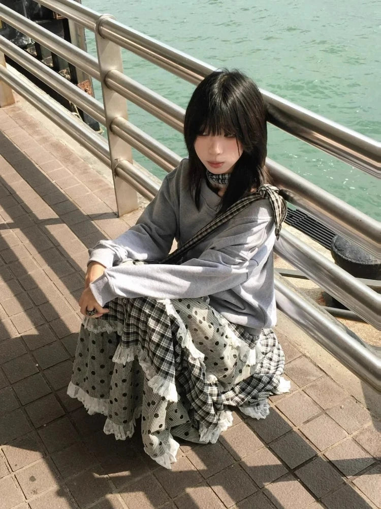 Japanese Elegant Retro Plaid Wave Point Skirts Women Lace Patchwork Ruffles A-line Skirts Harajuku Design Korean Popular Clothes