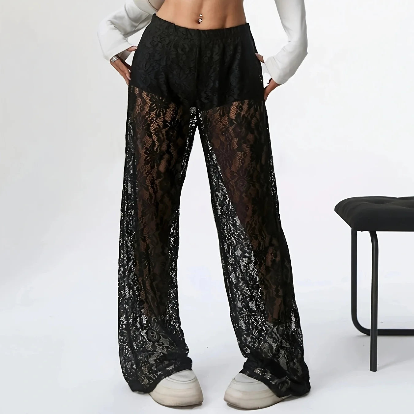 Pantalones De Mujer 2025 New Fashionable Personalized Solid Color Lace Jacquard Micro Transparent Straight Leg Casual Pants