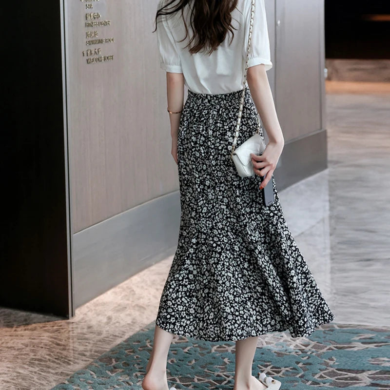 Elegant Fragmented Chiffon Half-Length Skirt Women Temperament Shirring Ruffles Hem Maxi Skirts Office Versatile A-Line Skirts