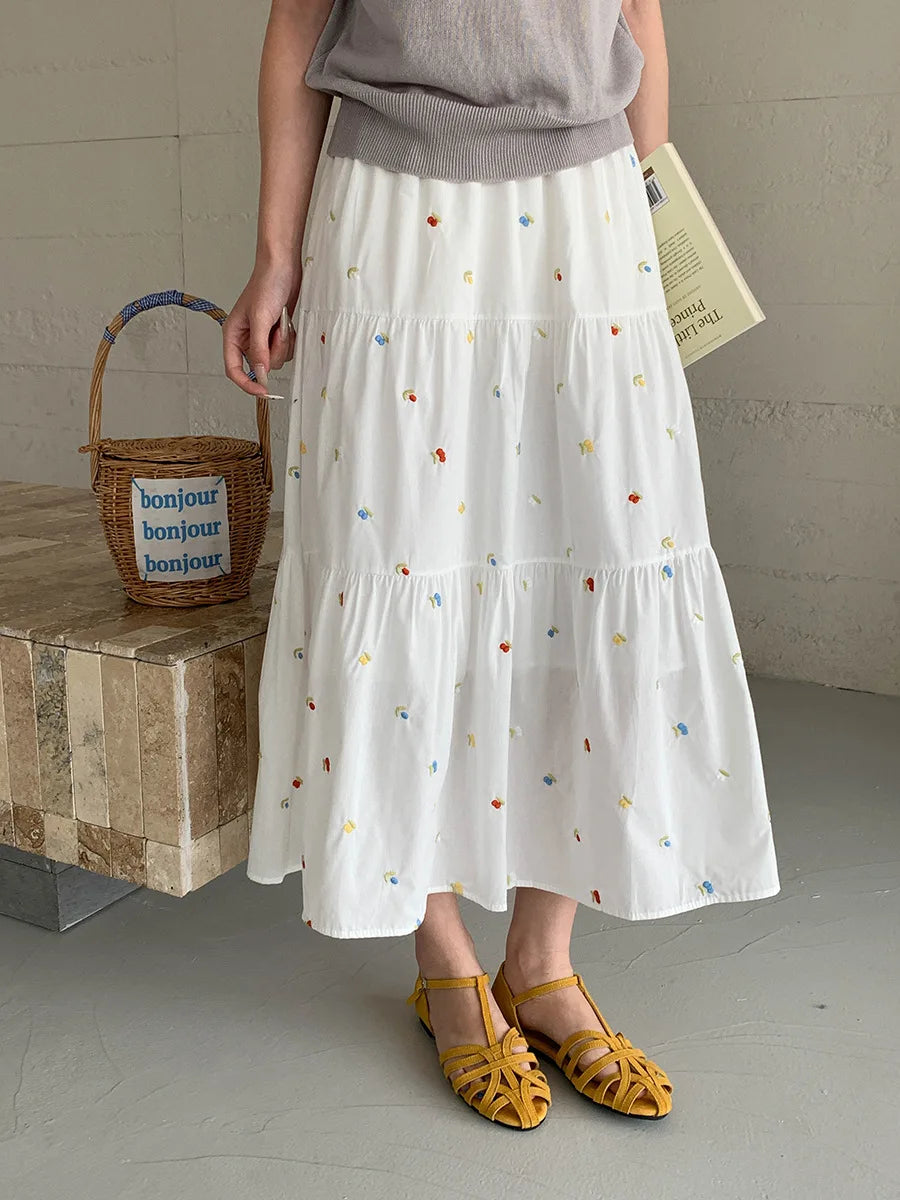 Sweet Embroidery Floral Long Skirts Women High Waist Loose Elegant Skirt Vintage Casual Preppy Style Female Cute A Line Skirt