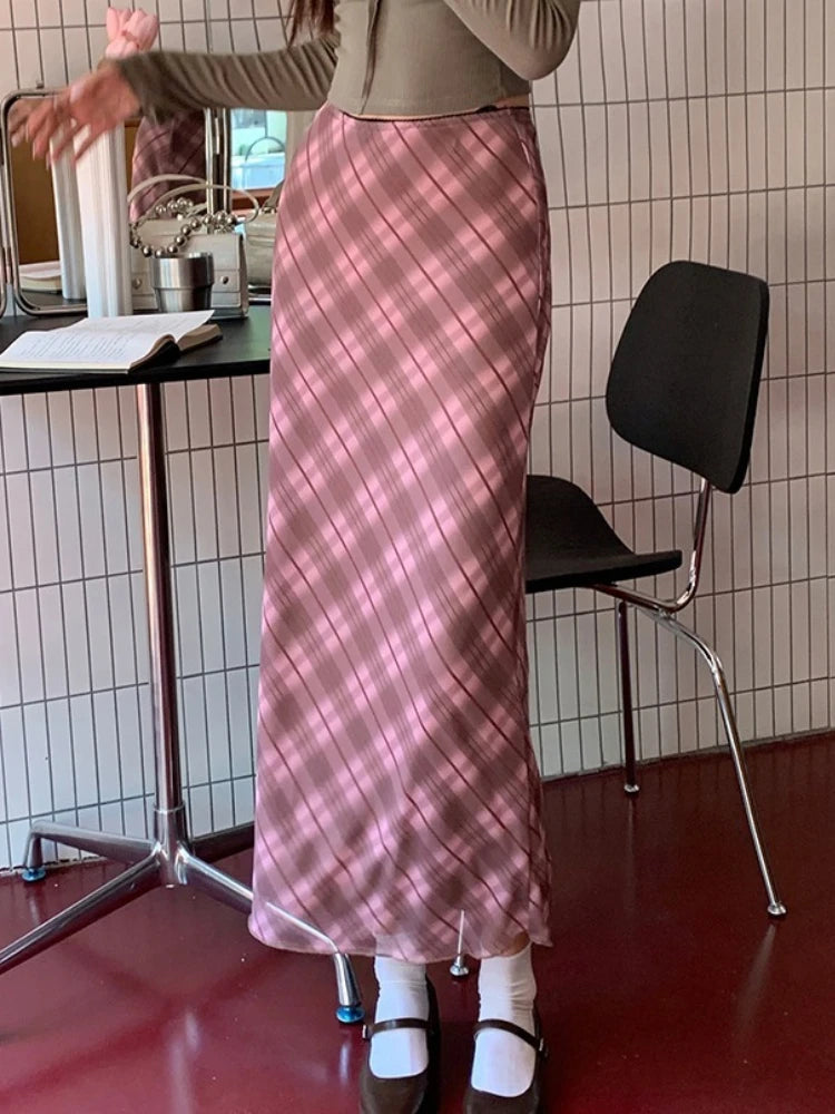 European American Style Vintage Plaid Mesh High Waist Women Bodycon Skirt 2026 Spring Autumn New Fashion Versatile Skirts