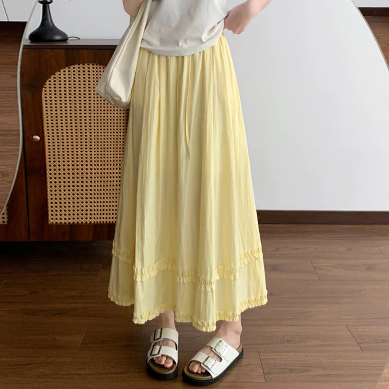 Women's Casual Solid Color Ruffles Maxi Skirt Elastic Waist A Line Light Yellow Long Skirt Spring Summer Beach Vacation Skirts
