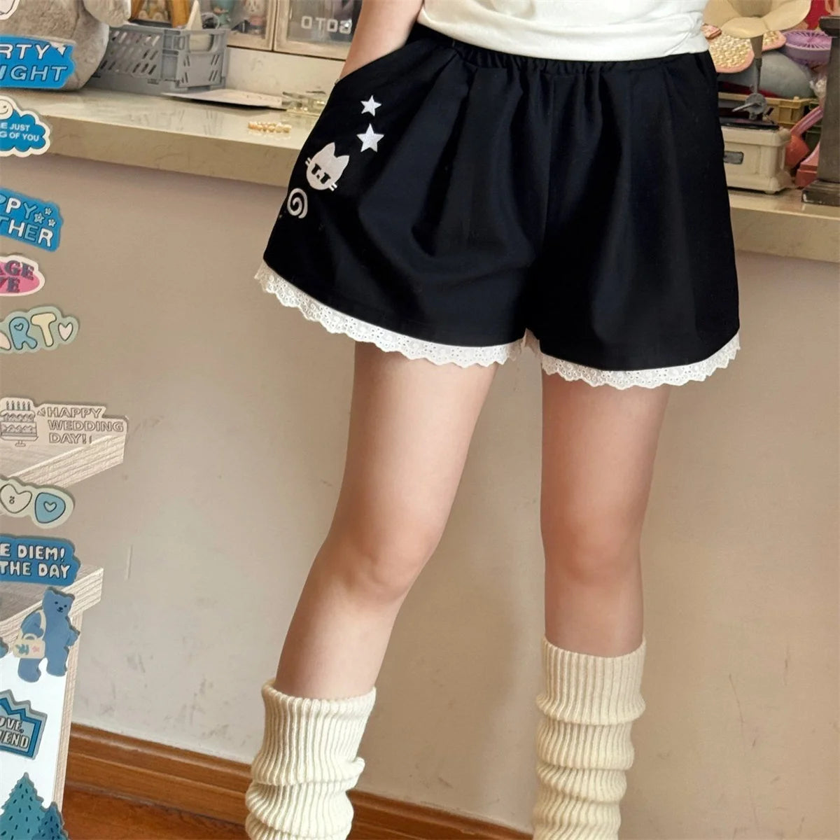 Fashion Lace Patchwork Summer Shorts Women 2025 Chic High Waist Wide Leg Sport Shorts Woman Pocket A Line Short Pants Female