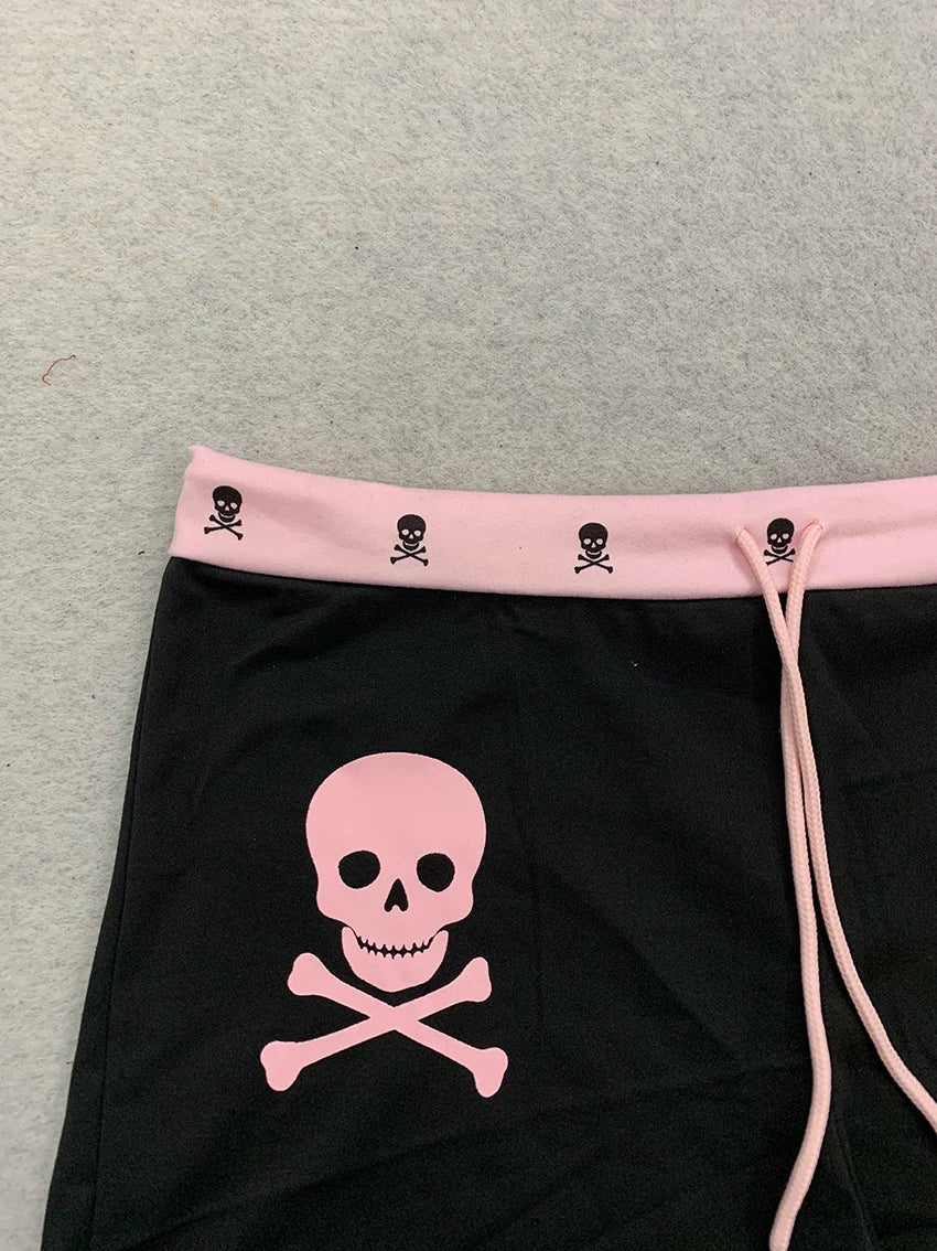 Women Harajuku Skull Pattern Shorts Pink Contrast Waist Drawstring Elastic Short Pants Y2K E-girl Gothic Daily Streetwear Bottom