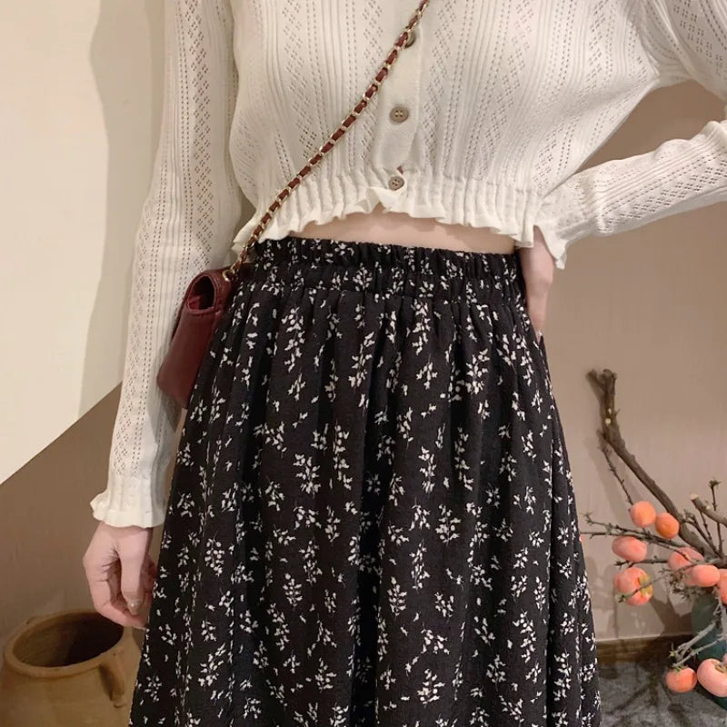 Spring Summer Casual Skirt Womens A-Line Skirts Fashion Vintage Floral Printed Chiffon Skirts Elastic High Waist Midi Skirts