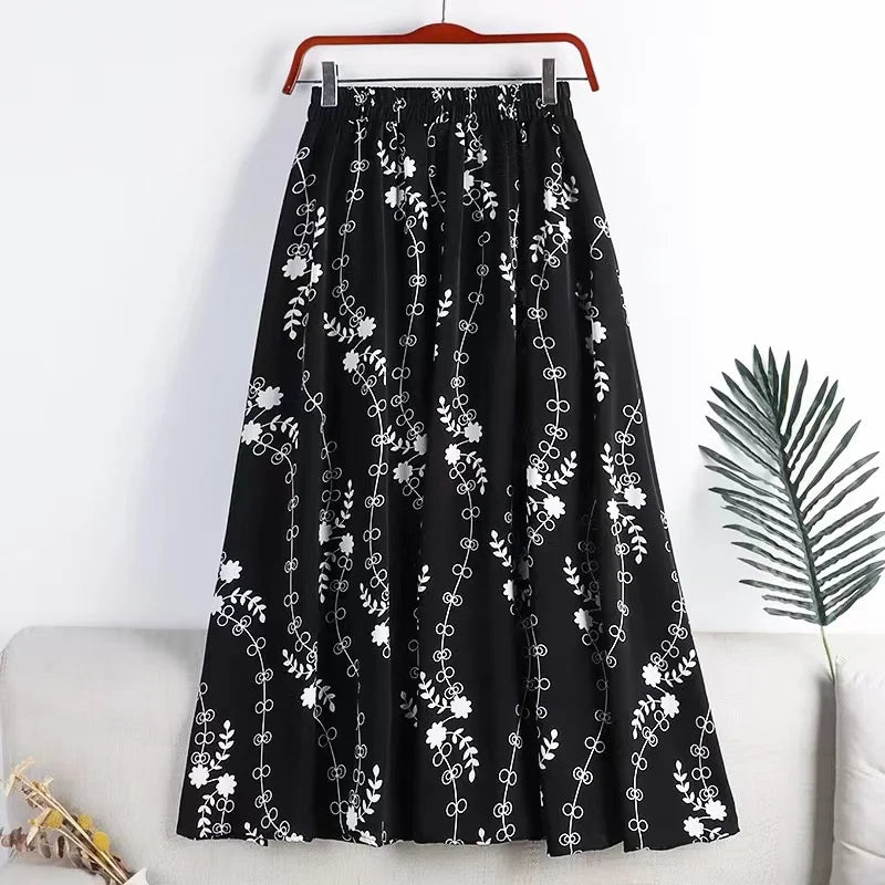 Srping Summer Skirt Womens Chiffon Skirts Vintage Fashion Floral Printed Elastic High Waist Casual Midi A-Line Beach Skirts