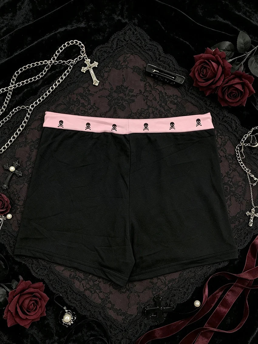 Women Harajuku Skull Pattern Shorts Pink Contrast Waist Drawstring Elastic Short Pants Y2K E-girl Gothic Daily Streetwear Bottom