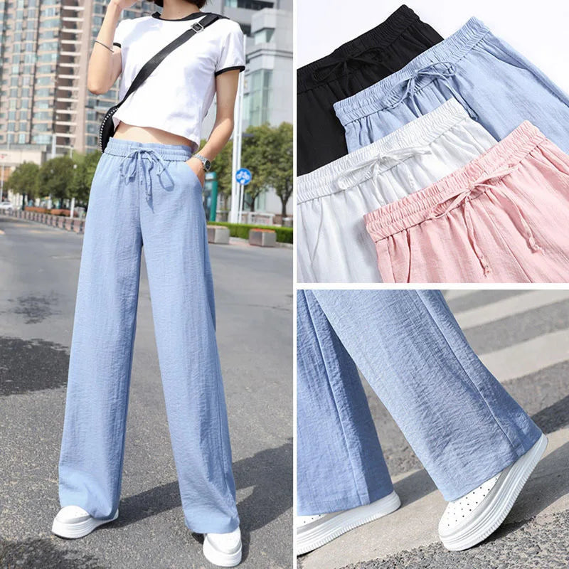 2024 new spring and summer wide leg pants women's high waist ice silk pants thin thin mopping pants female student pants
