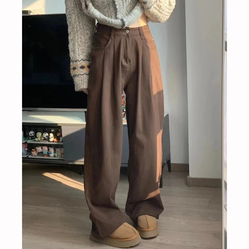 High Street Lady Coffee High Waist Jeans Women Baggy Thin Denim Pants Girls Korean Fashion Straight Leg Trousers