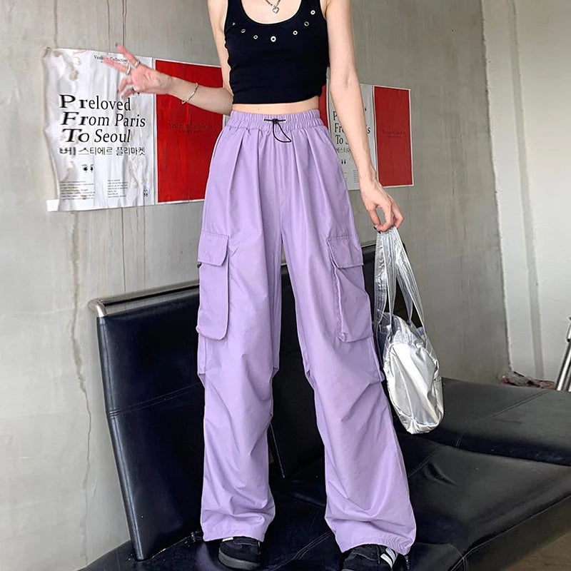Chic Matching Loose Women's Wide Leg Pants Elastic Waist Drawstring Patchwork Straight Leg Pant Casual Streetwear New Sportswear