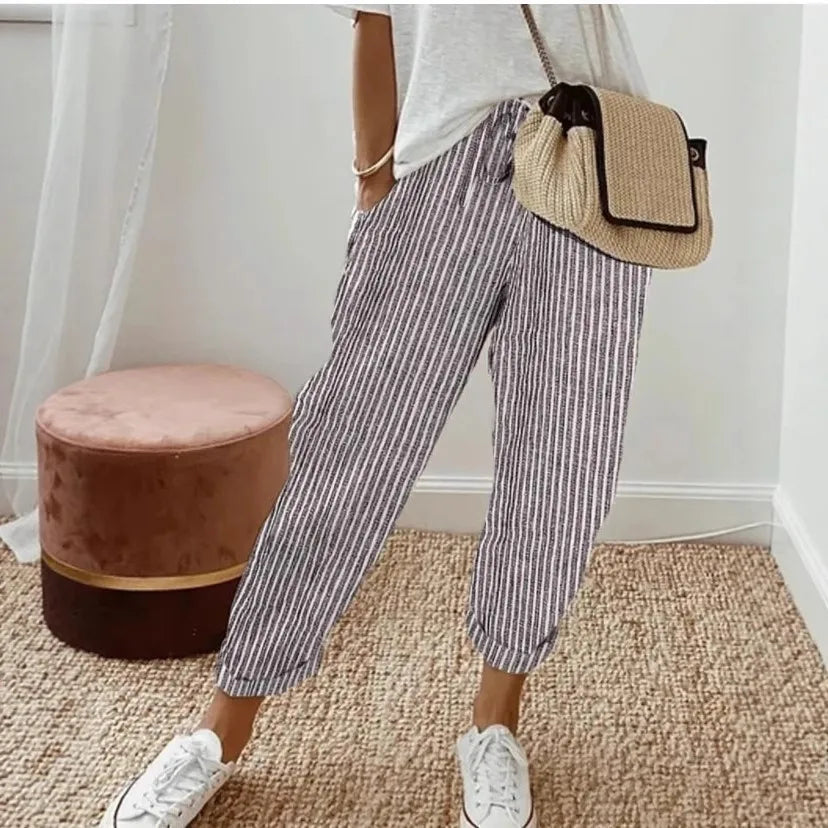 European and American Cross border Women's Summer New Fashionable Loose Stripe Printed Elastic Waist Drawstring Casual Pants